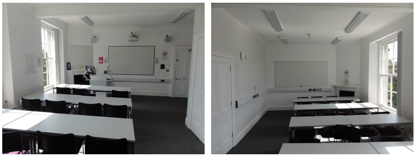 Rows of chairs and tables facing the teaching wall.